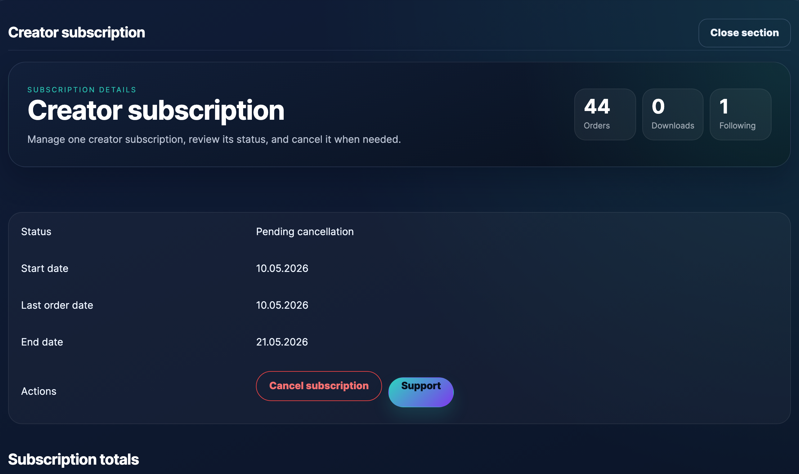 Subscription details page after cancel, status showing "Pending cancellation" with the access-until date.