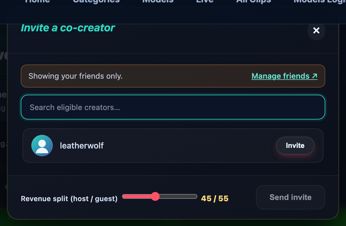 The Invite a co-creator modal: your friends who are currently live, the revenue-split slider and Send invite.
