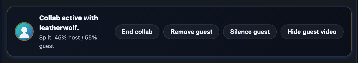 The active collab banner on the host side: End collab, Remove guest and per-side mute controls.
