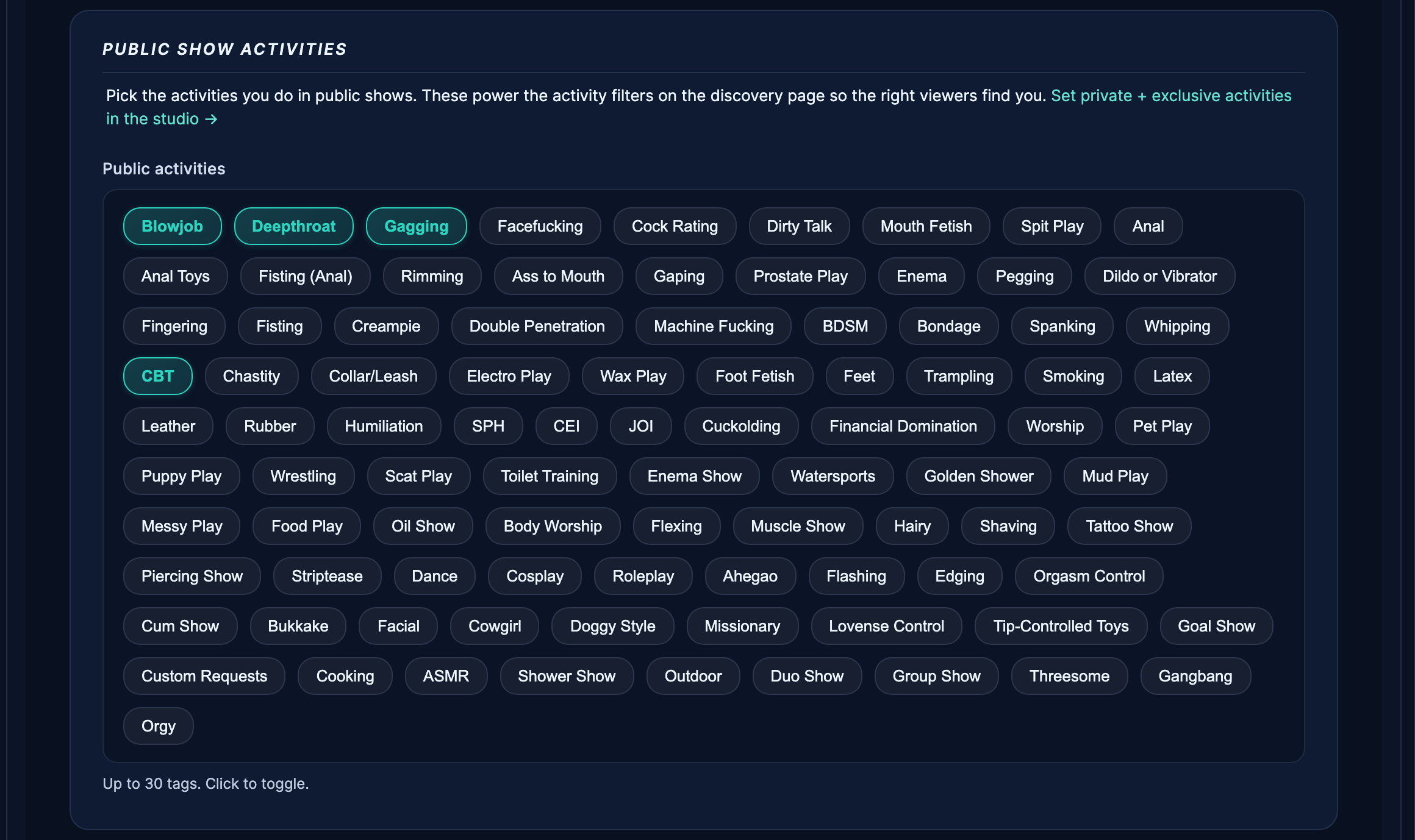The public show activities tag grid — pick up to 30.