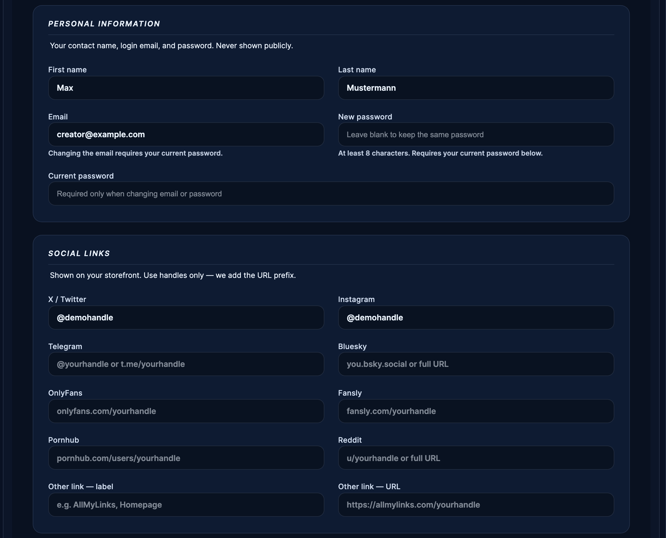 Personal information and the social link fields.