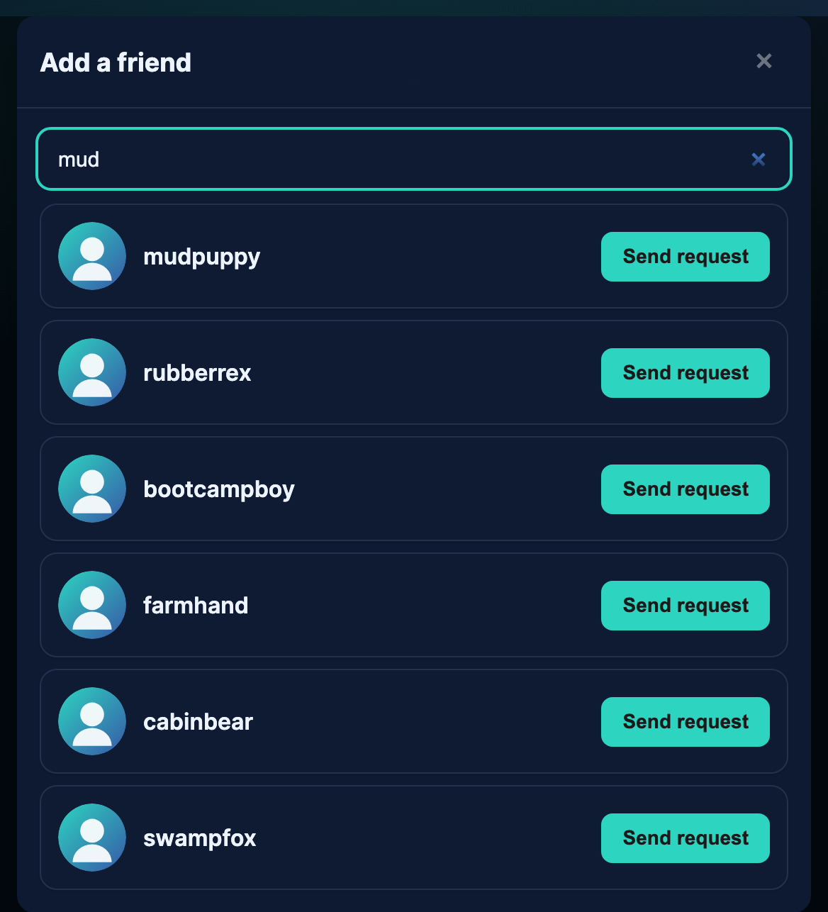 Add a friend: search verified creators by name and press Send request.