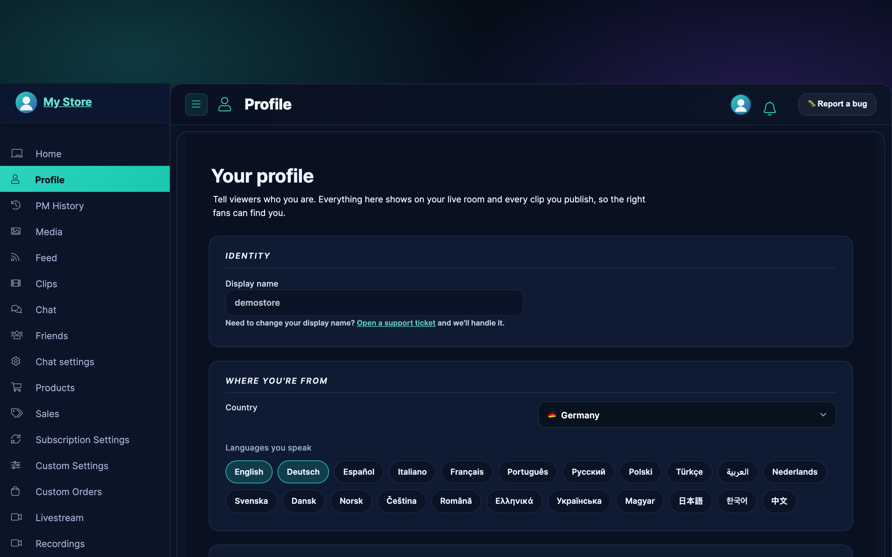 /store-manager/my-profile/ page with the section list visible.