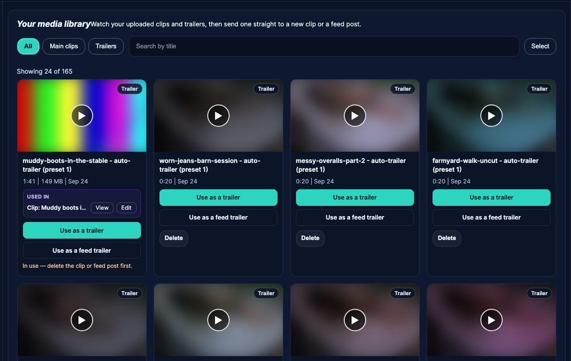 Your media library: All, Main clips and Trailers filters, a search field and cards with type, name, length and Use buttons.