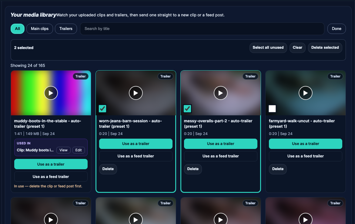 Select mode in the media library with two unused videos ticked and the Delete selected button.