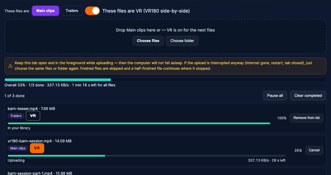 The upload queue with VR turned on: each file carries a VR tag, and the drop zone says VR is on for the next files.