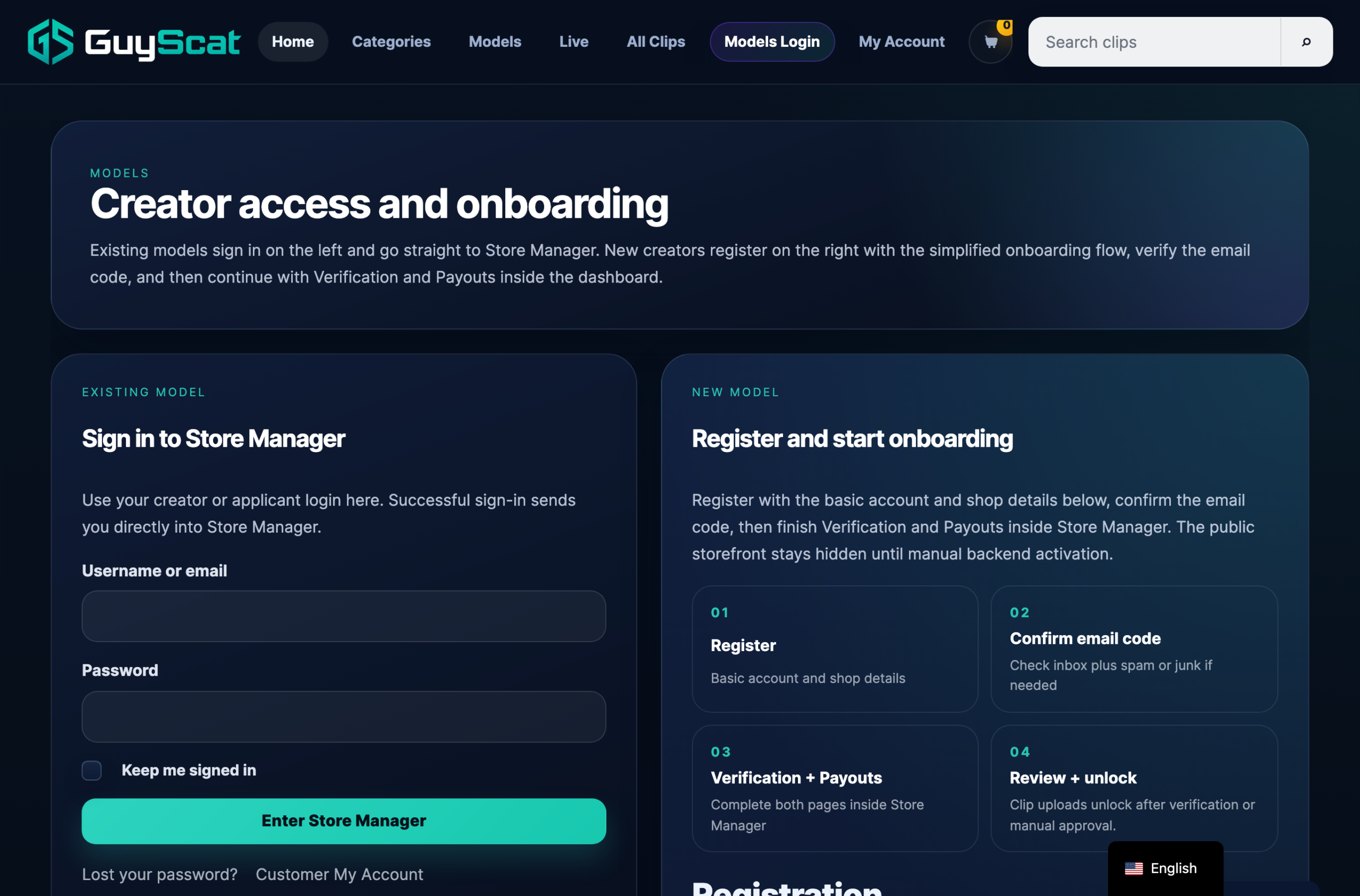 La página /models-login/ con el login existente-creator a la izquierda y el formulario de registro nuevo-creator a la derecha.