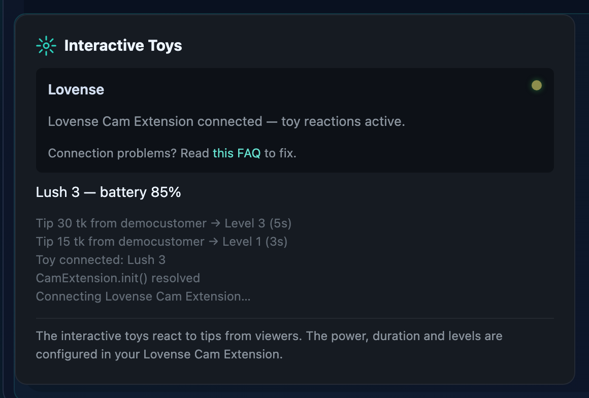 The Interactive Toys panel in your GuyScat studio: connection status, connected toys and the action log.