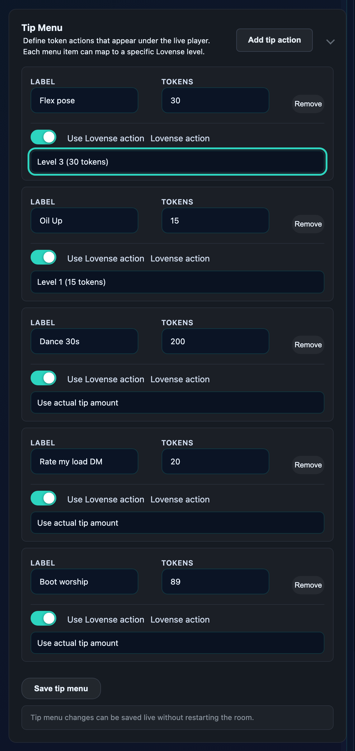 Tip-menu items mapped to Lovense levels — the token amount locks to the level threshold.