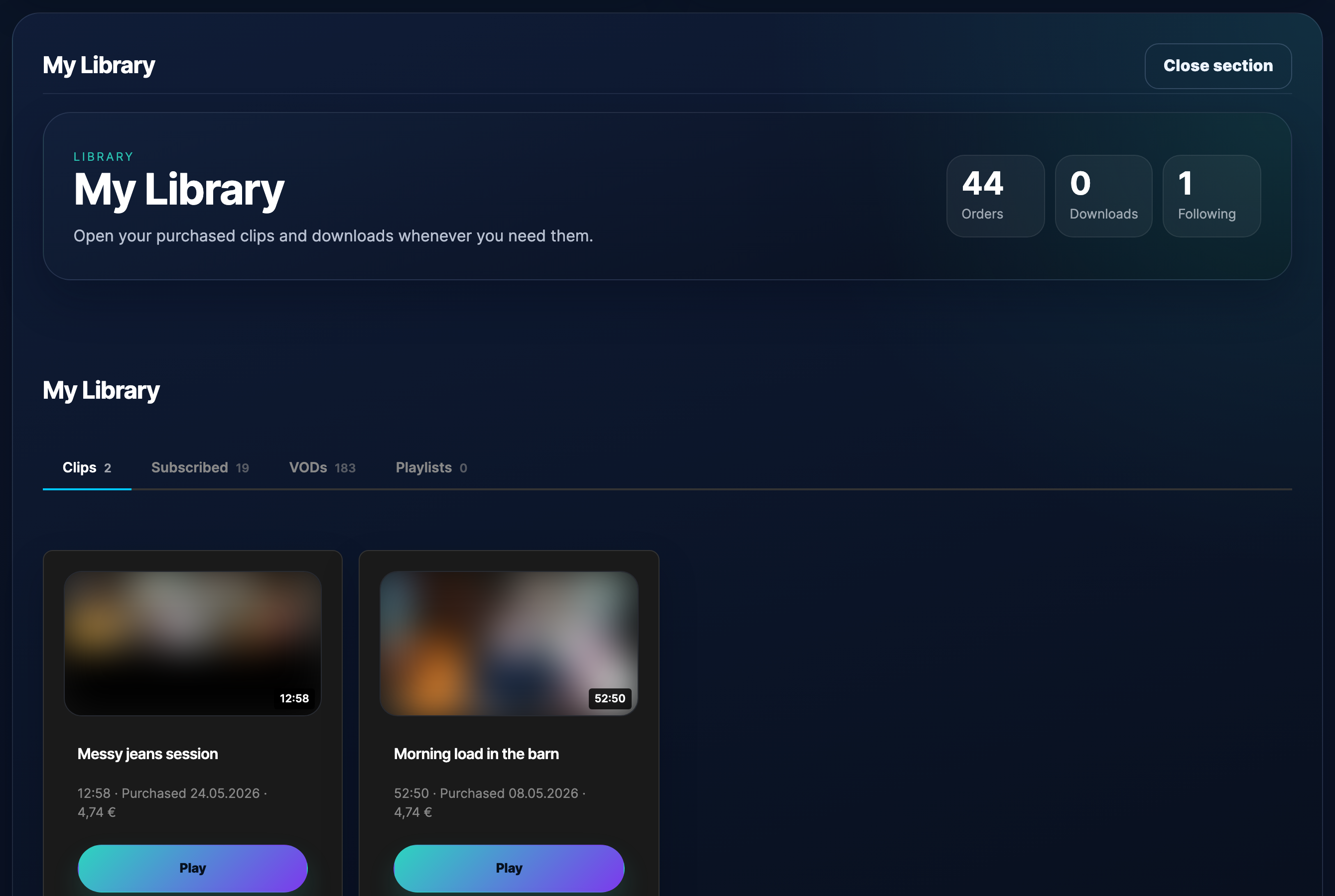 My Library with Clips/Subscribed/VODs/Playlists tabs.