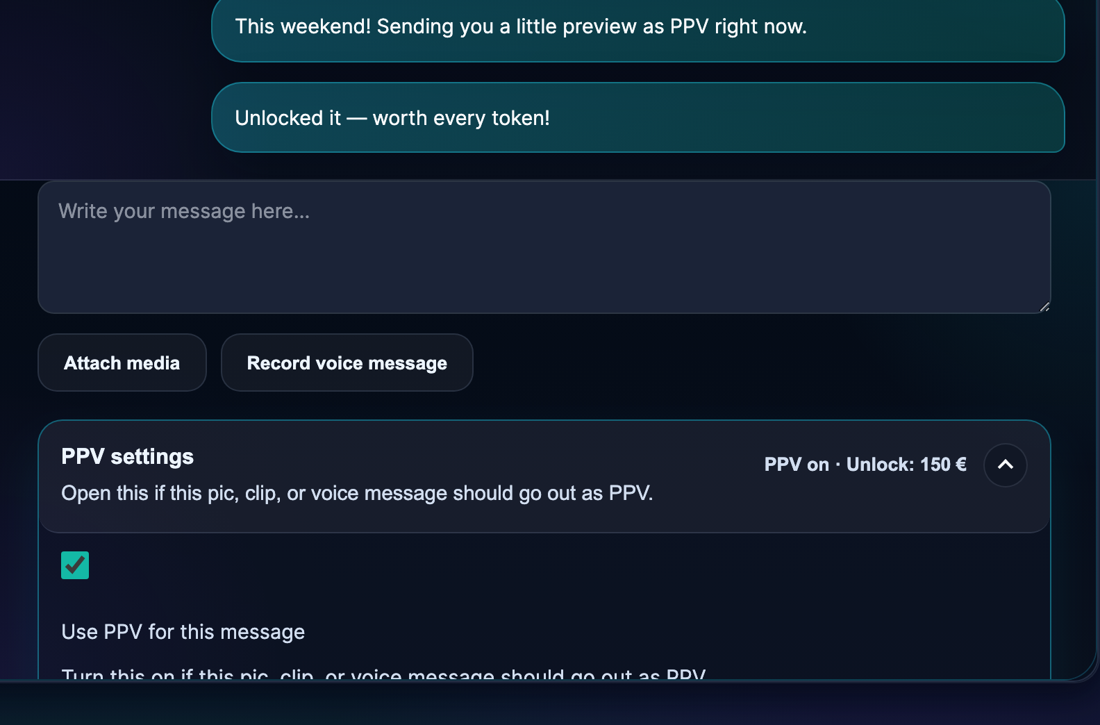 Das Erstellungsfeld mit den PPV-Einstellungen ist geöffnet – füge Medien hinzu, setze ein Häkchen bei „PPV verwenden“ und lege den Freischaltpreis fest.