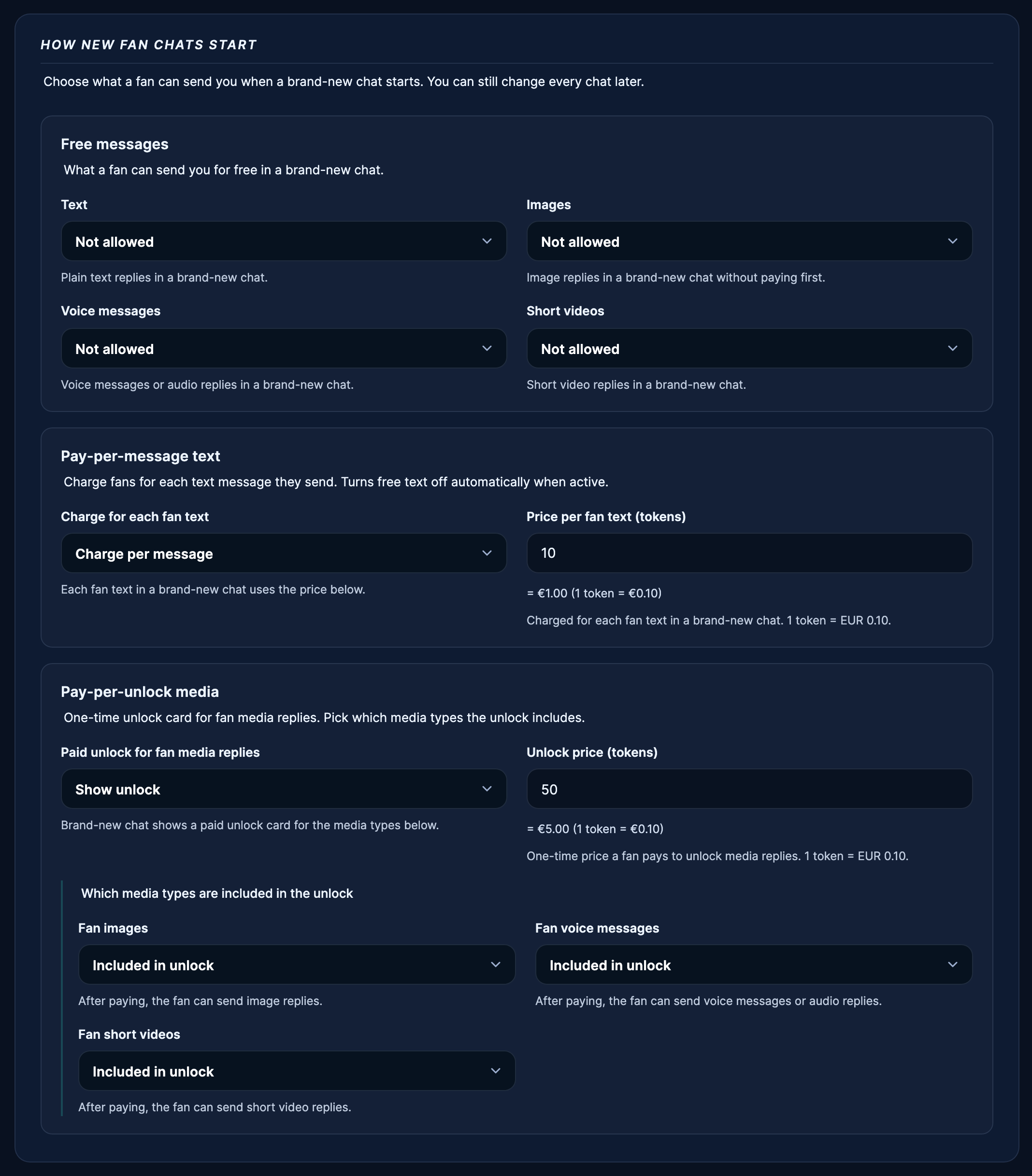 Chat-Standardeinstellungen: Leg fest, was Fans kostenlos senden können, die Preise pro Nachricht und die Freischaltung kostenpflichtiger Medien.