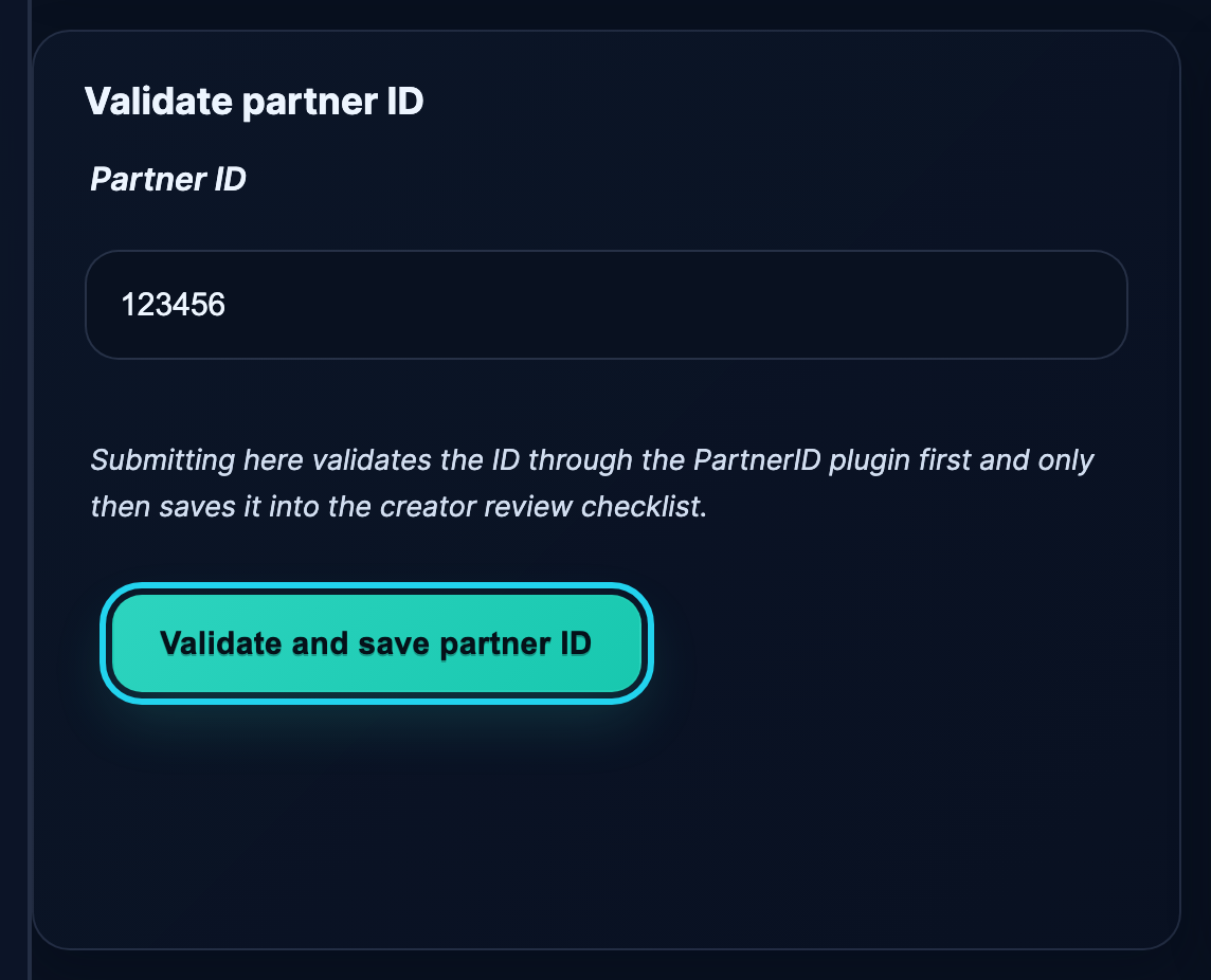 Validate partner ID form with the input filled and Validate button highlighted.