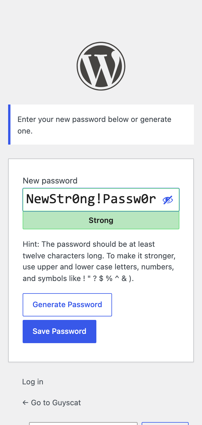 Pick a new password — the strength indicator updates as you type.