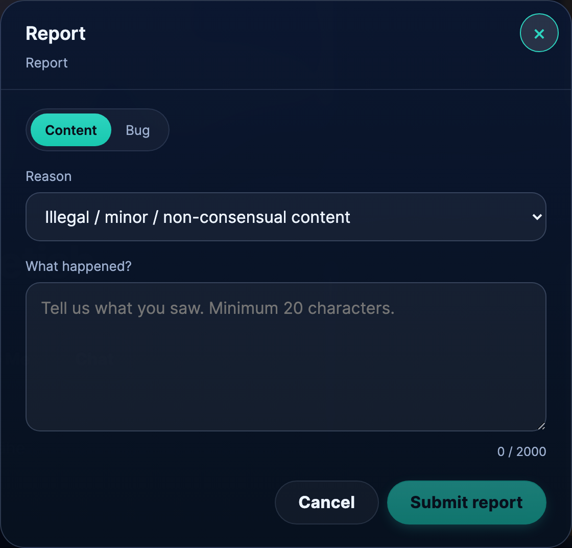 The report modal on the Content tab — pick the reason that fits and describe what you saw.