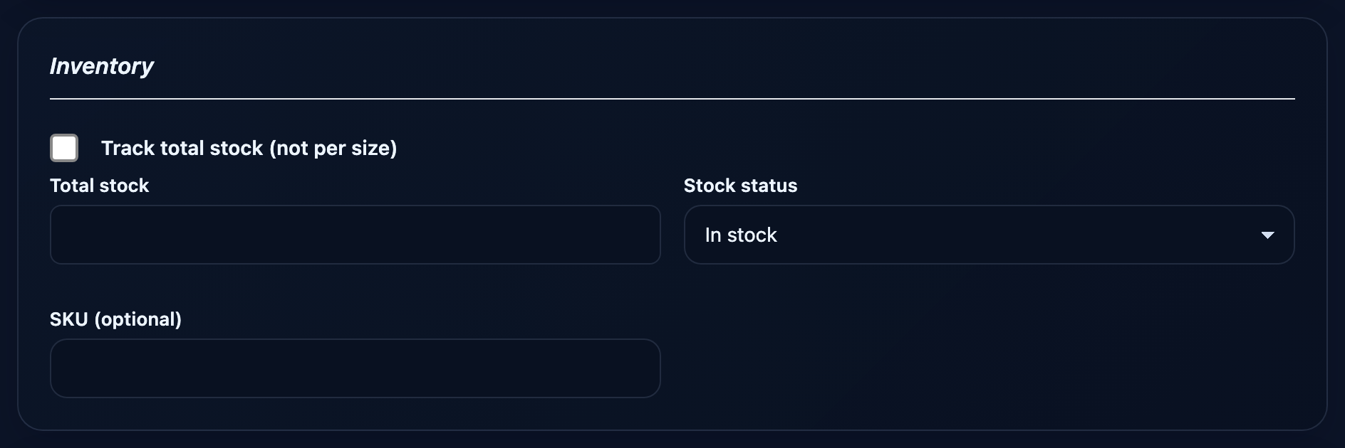 Inventory section with total stock, stock status and SKU.