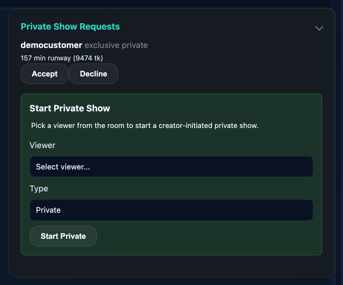 The studio inbox with a pending private-show request — Accept or Decline.