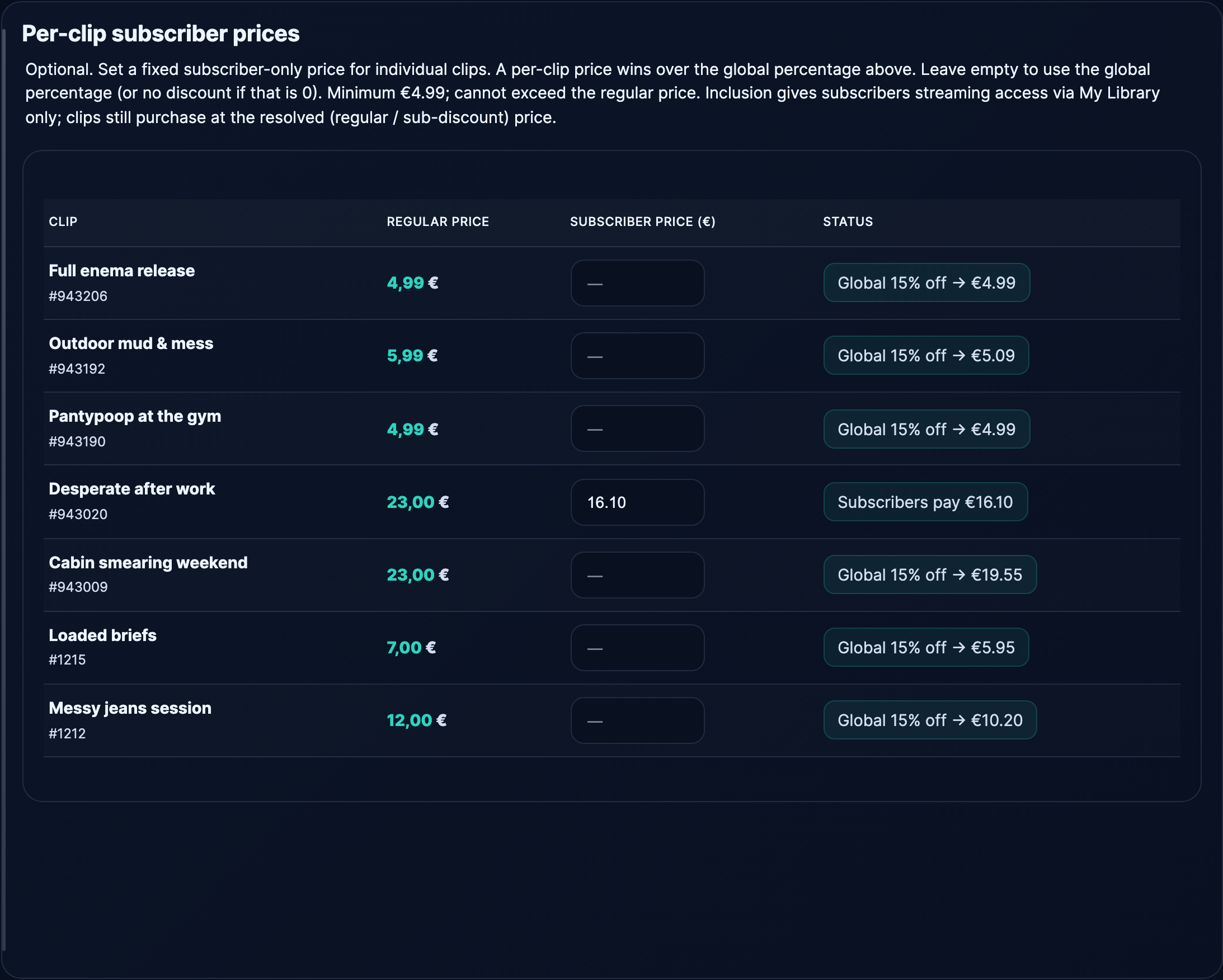 The per-clip subscriber prices table — global percentage, one fixed override, and the resolved subscriber price per clip.