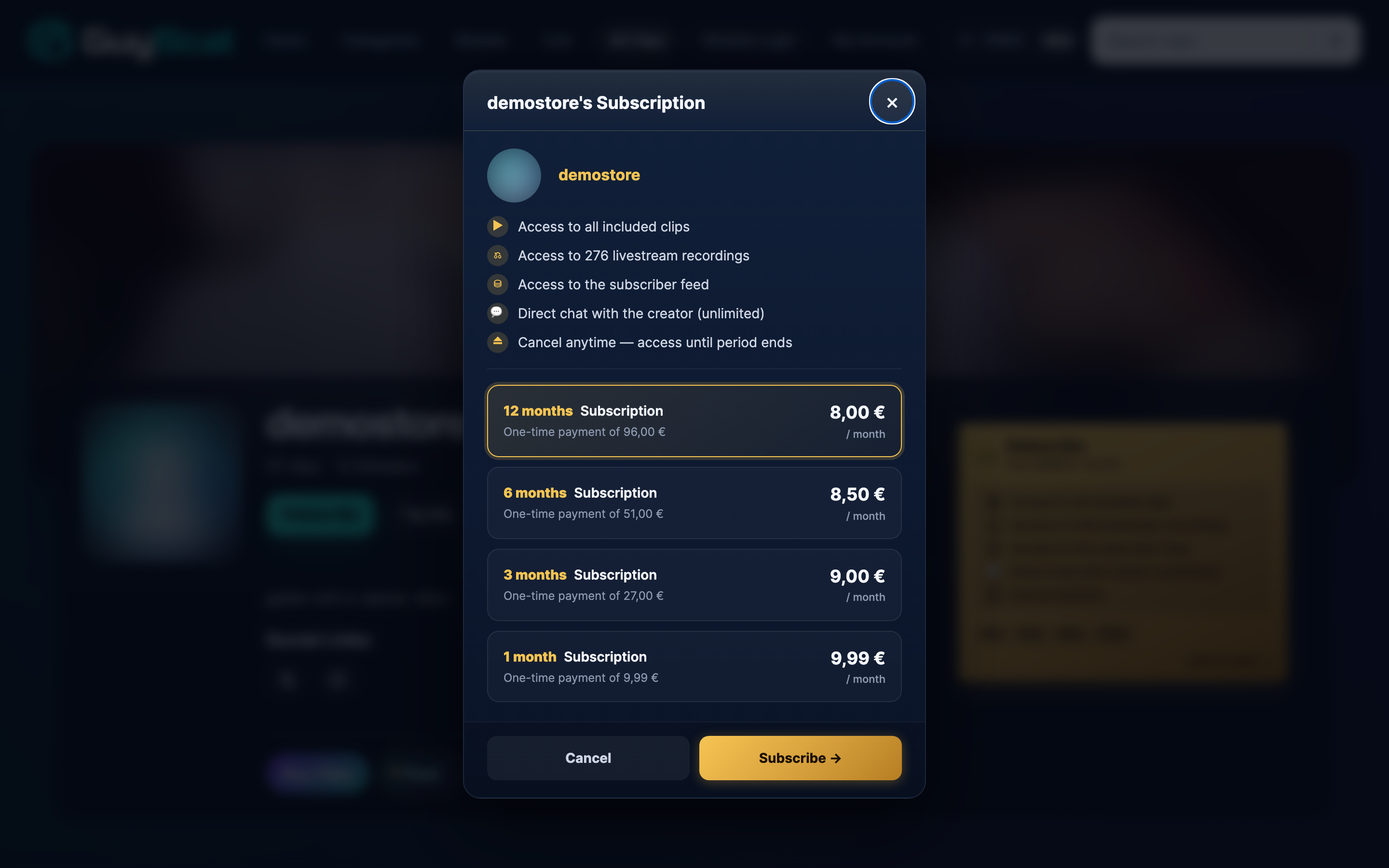 Subscribe modal showing 1m / 3m / 6m / 12m plan options with monthly equivalents.