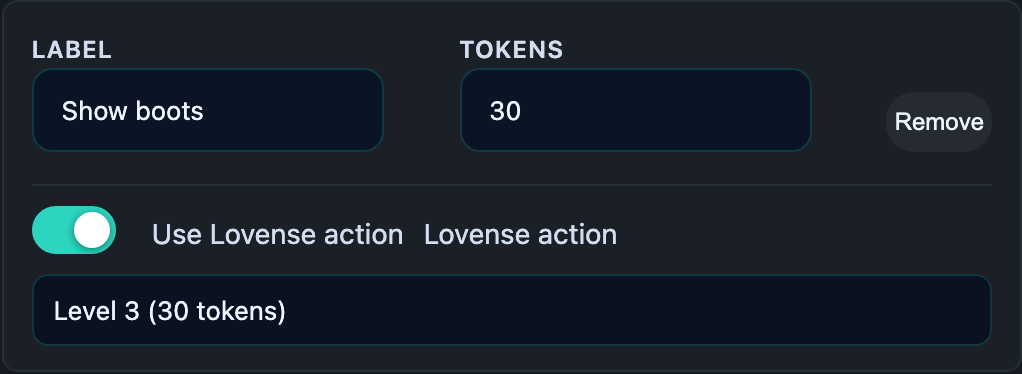 A single row with Label, Tokens, Remove and the Lovense panel on the right.