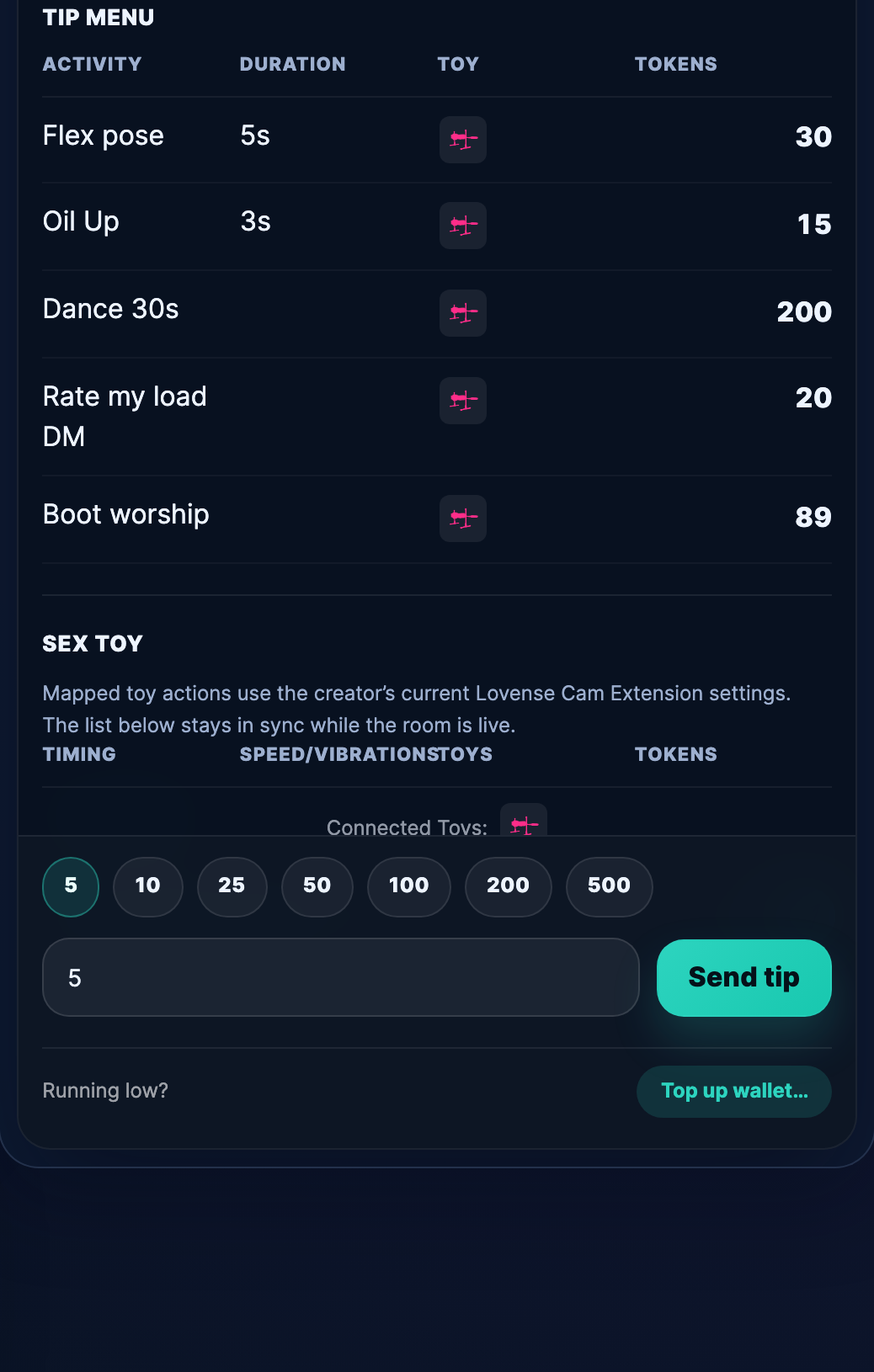 What viewers see: the Send Tip overlay on the Tip Menu tab.