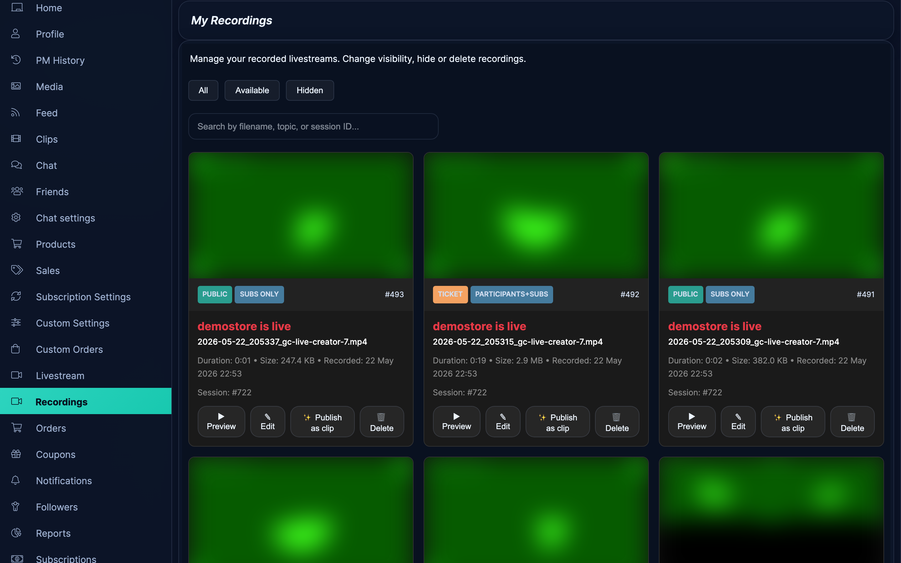 My Recordings page with several VOD cards visible.