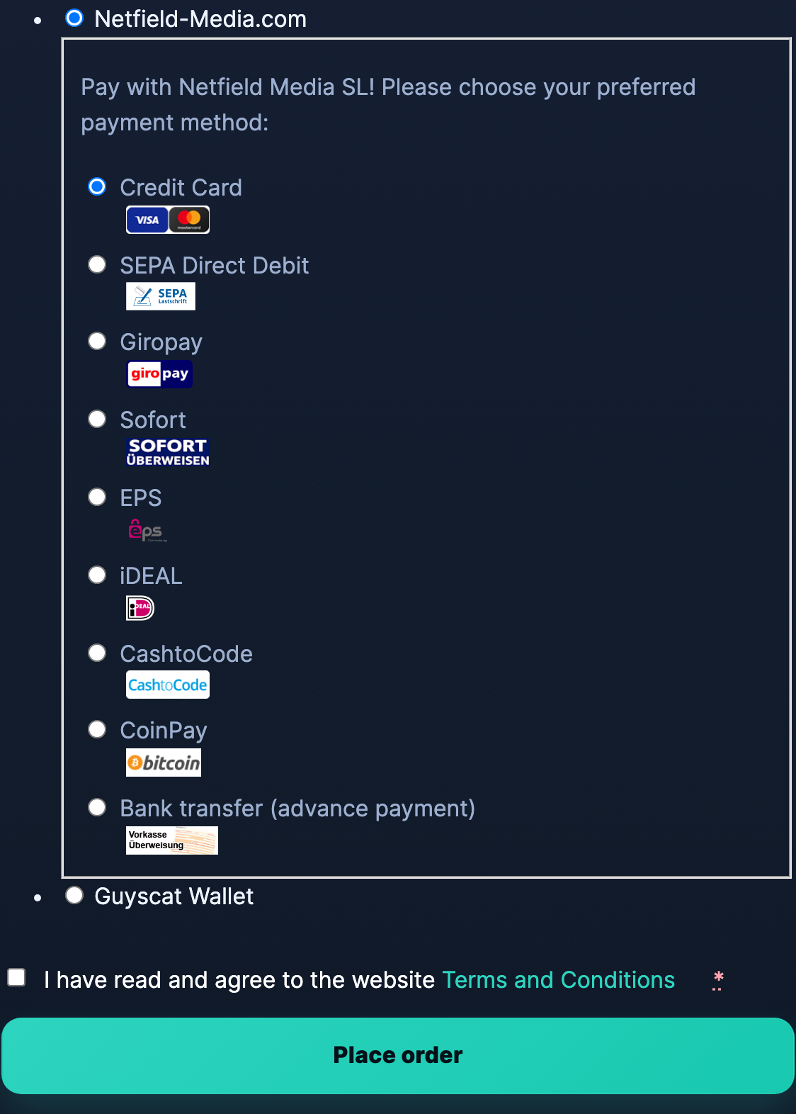 Checkout page showing "Guyscat Wallet" as a selectable payment method with current balance.