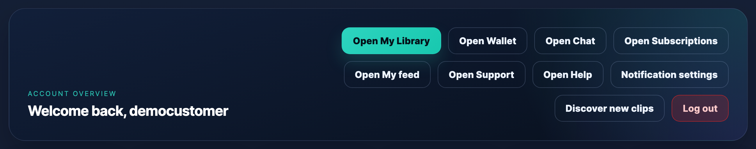Your account overview as a fan: library, wallet, chat, subscriptions and support in one menu.