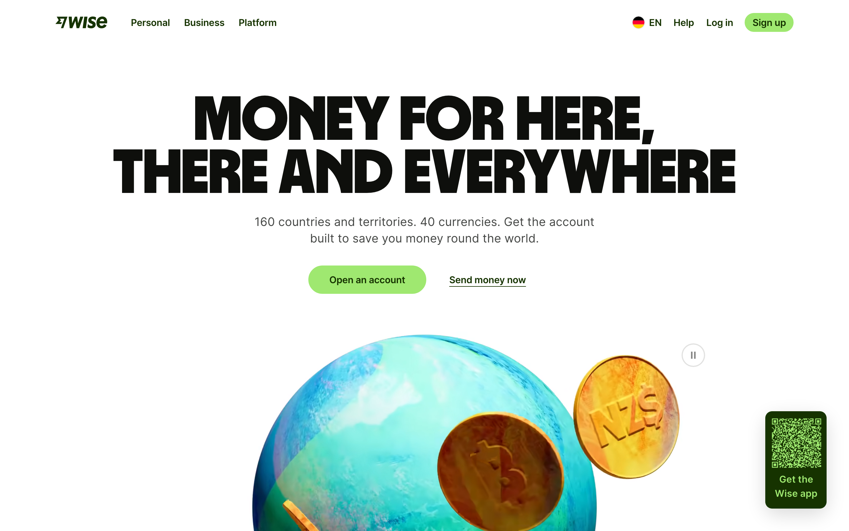wise.com — Personal account, then "Open an account".
