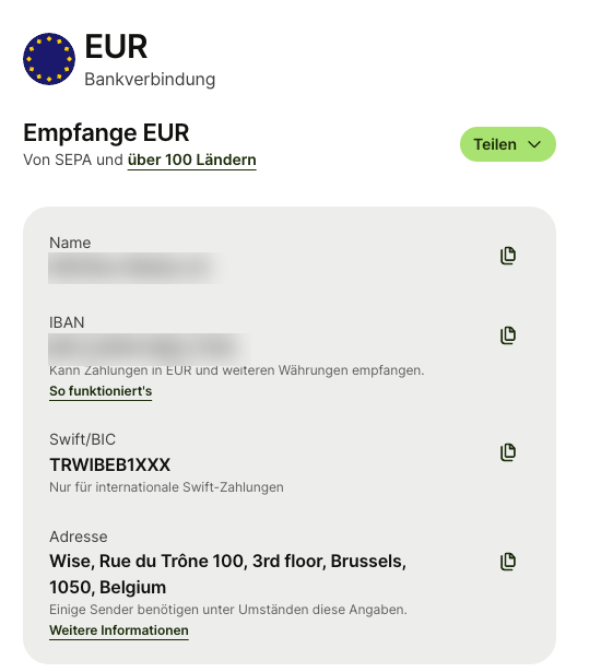 Your Wise EUR account, ready to receive payouts — copy the IBAN and BIC into GuyScat (account name and IBAN blurred here for privacy).