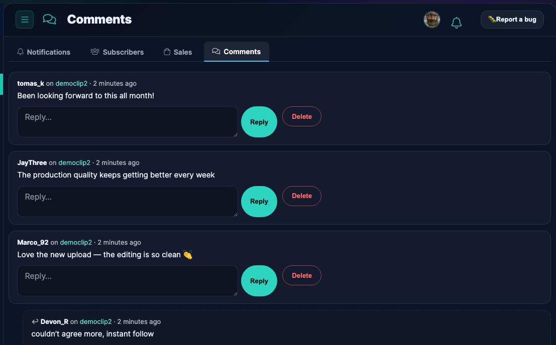 The creator Comments tab in the GuyScat Store Manager, showing grouped comment threads with reply and delete controls.