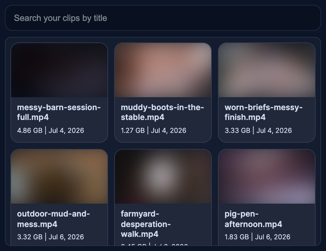 The Or select existing uploaded main clip list — search box and cards with file name, size and date