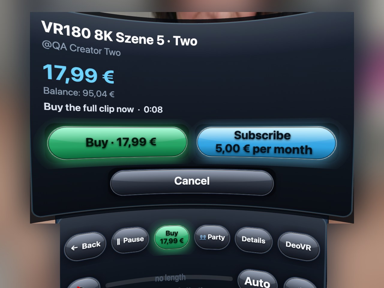 The buy dialog: the clip title, the price 17,99 €, your balance, a green Buy button, a blue Subscribe button and Cancel.