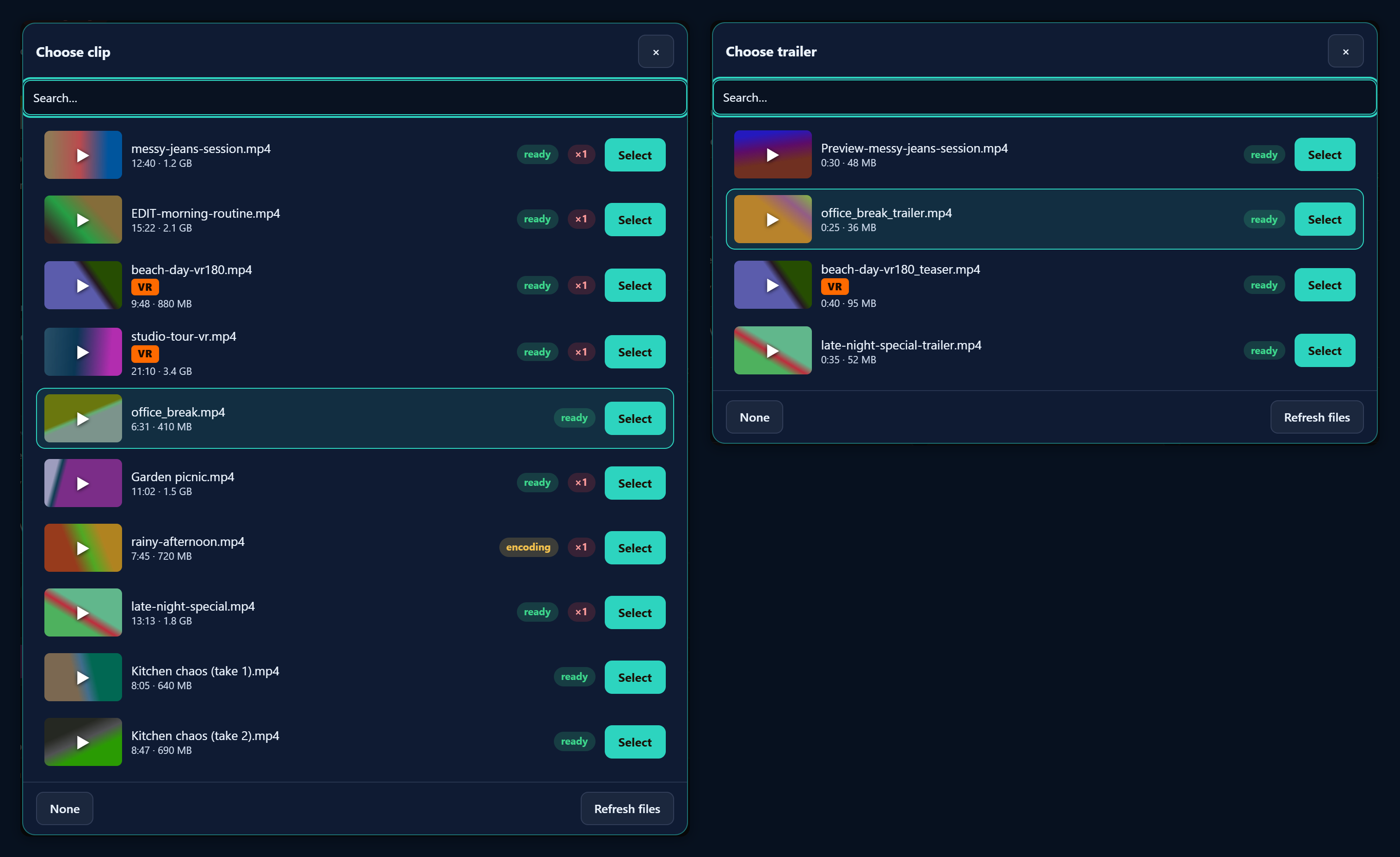 The uploaded files for the example: clips on the left, trailers on the right, one clip marked VR.