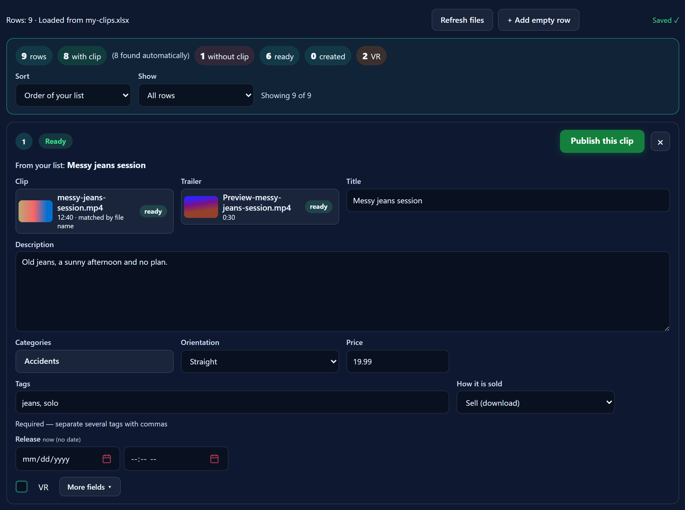 The overview above the list with the counters rows, with clip, found automatically, without clip, ready, created and VR, the sort and filter menus, and the first row with its matched clip.
