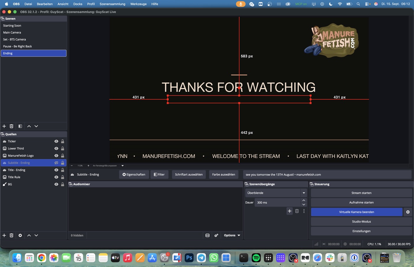 OBS running the VR180 profile at 3840x1920 with the side-by-side picture filling the scene.